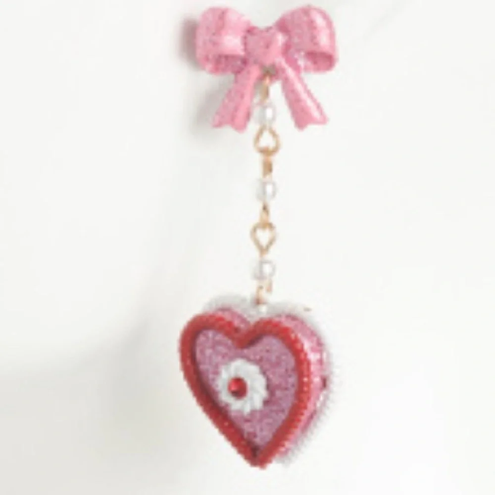 Betsey Johnson Pink valentine Heart Earrings with Glitter Bows